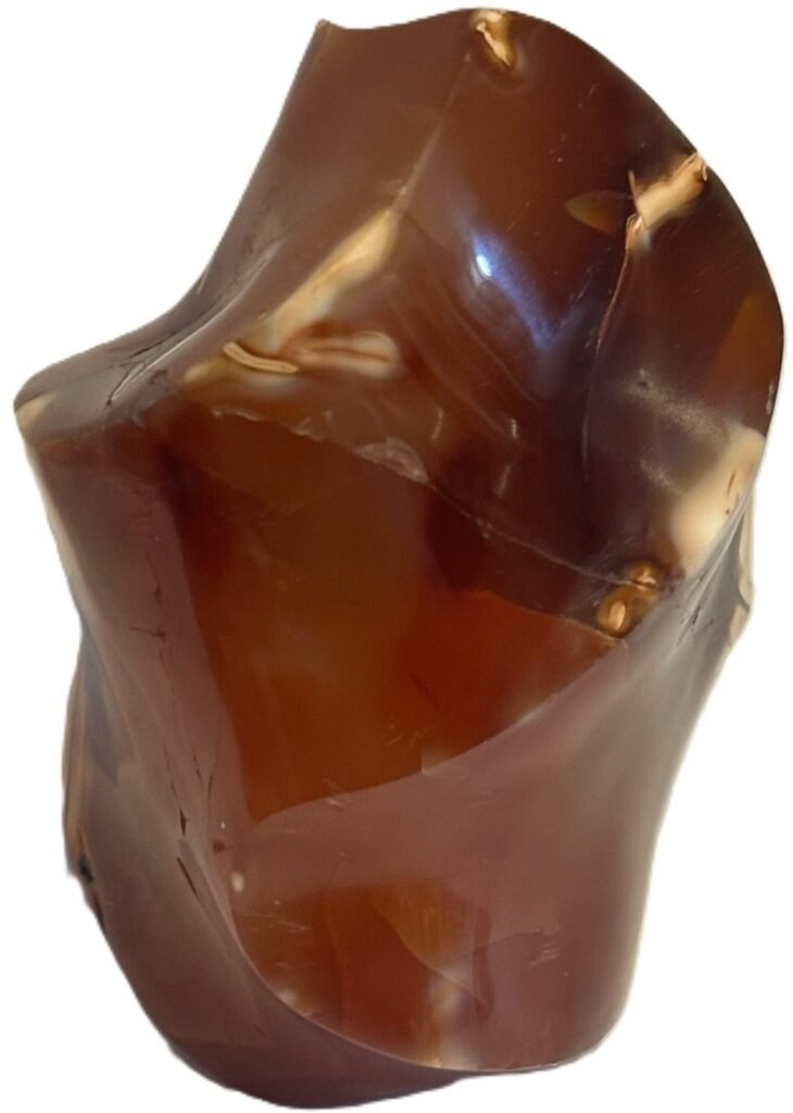 Hand carved polished carnelian flame sculpture featuring twisting ridges with deep mahogany red burnt orange tones and smoky chalcedony patches isolated on a white background